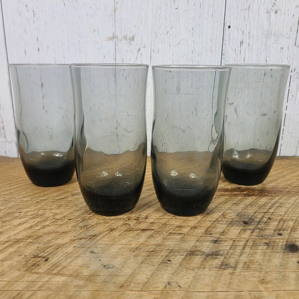 vintage Set de 4 Gobelets en verre fumé 12 oz Smoke Gray Swirl Verres à boire Modernes Mid Century 60s Smokey Glassware Retro Water Juice Cup