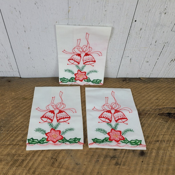 Vintage Set of 3 Hand Embroidered Handkerchiefs Fabric Napkins Christmas Dinner Party Decor Table Linens December Holiday Bell & Flower
