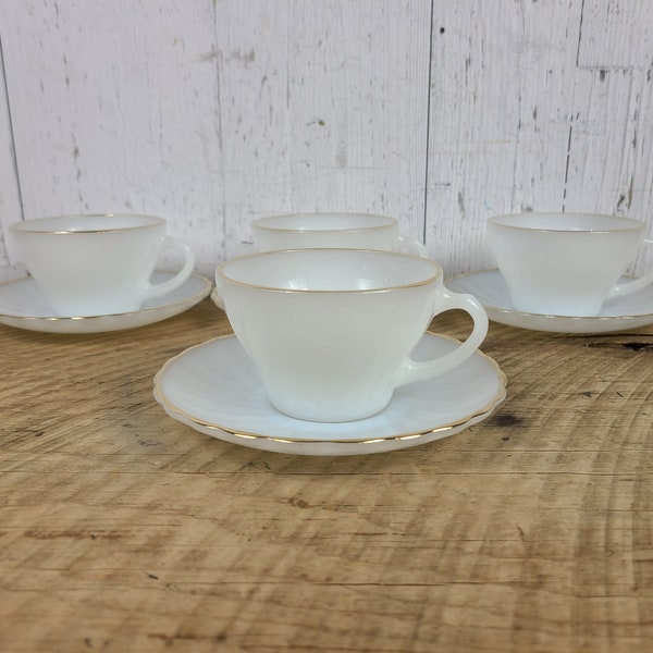 Vintage Set of 4 Milk Glass Teacups & Saucers Anchor Hocking Suburbia Fire King White Milkglass Tea Cups USA Afternoon Tea Party Decor