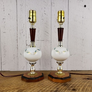 Vintage Set of 2 Mid Century Space Age Lamps 13 Wood Brass Glass Dainty Blue & Gold Leaf Pattern on Milkglass Bedside Table Light Pair image 1
