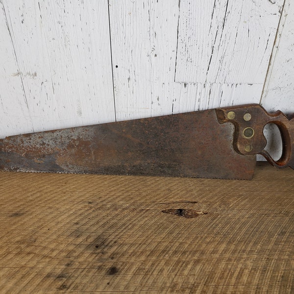 Vintage Old Rusty Hand Saw w/ Wood Handle Spear & Jackson Sheffield Rusted Tool Rustic Primitive Home Decor Industrial Cabin Man Cave Garage