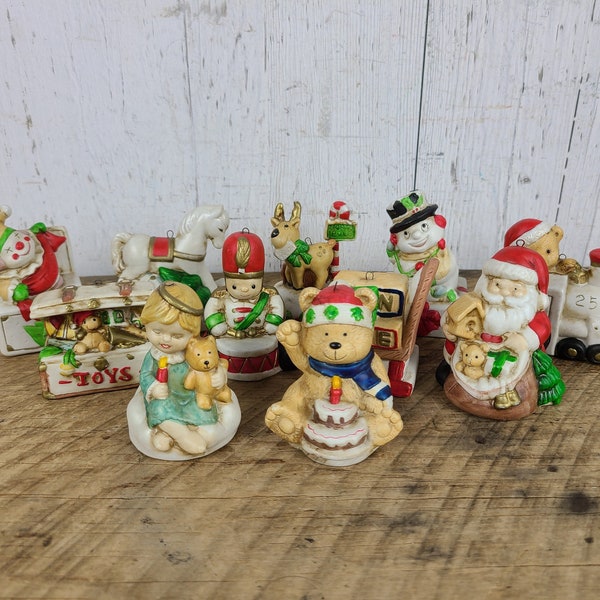 Vintage Set of 11 Ceramic Christmas Tree Ornaments Green Red White Decorations Retro Decor Holidays Candle Santa Bear Snowman Reindeer Child