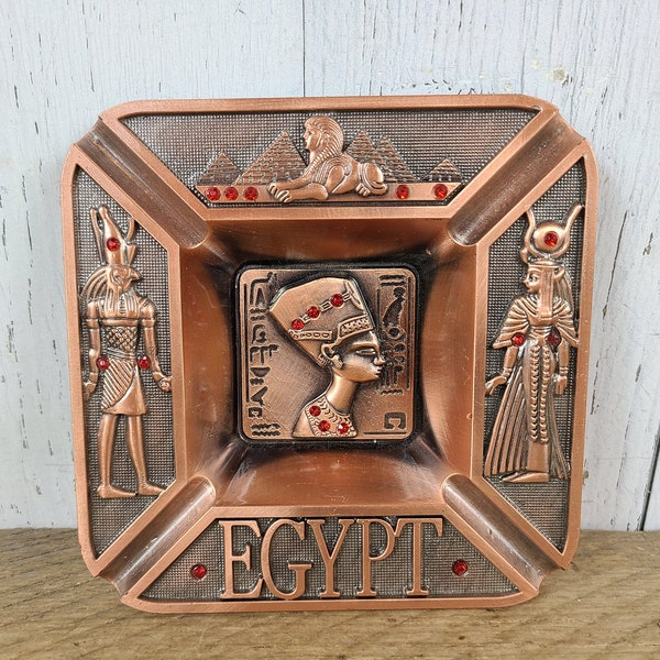 Vintage Egypt Square Copper Ashtray Pharaoh Pyramids Trip Souvenir Vacation Travel Cigarette Ash Tray Smoking Break Gift Smoker Collectible