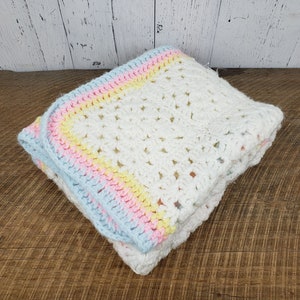 Vintage Pastel Rainbow Crochet Knit Throw 38" x 30" White Blue Pink & Yellow Afghan Blanket Small Nursery Baby Bedding Bed Bedroom Decor