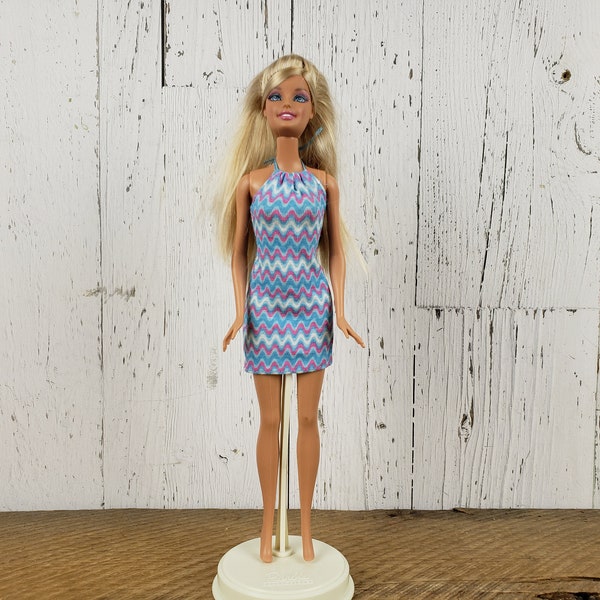 Vintage Blond Haired Barbie Redressed Doll Wearing Retro Sleeveless Summer Mini Dress Fashion Clothing Restyle Barbie Included OOAK Doll