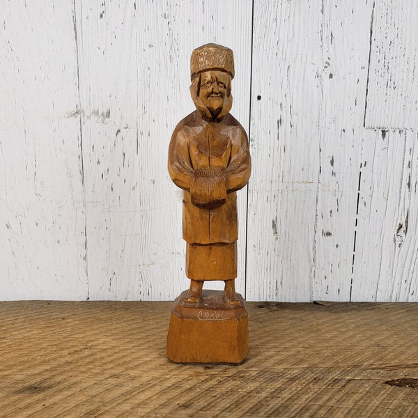 Vintage Old Man in Winter 1947 Sculpture by Caron Canadian Artist Hand Carved Wood Figure Wooden Statue Original Artwork Statuette Colonial