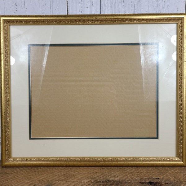 Vintage Empty Picture Frame w/ Glass & Mat 18"x21" Gold Painted Wood Wall Hanging Art or Photo Framing Original Artwork Hollywood Regency