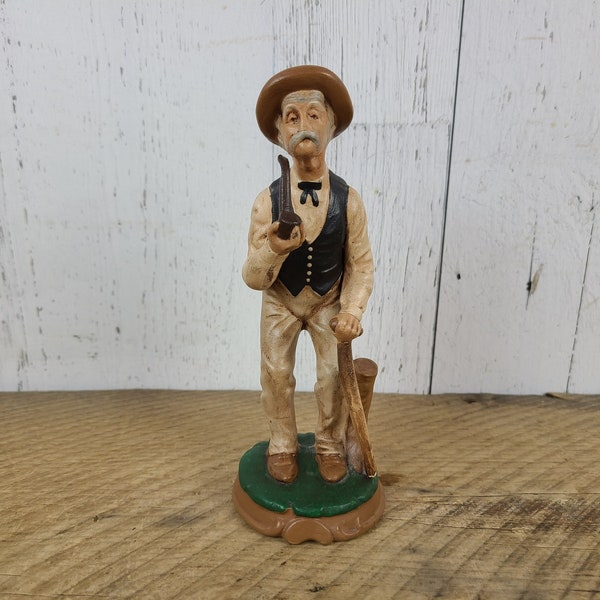 Vintage Old Man Statue Porcelain Smoking Pipe Farmer Figure Retro Grandpa Figurine Grandfather Statuette Collectible Shelf Knick Knack