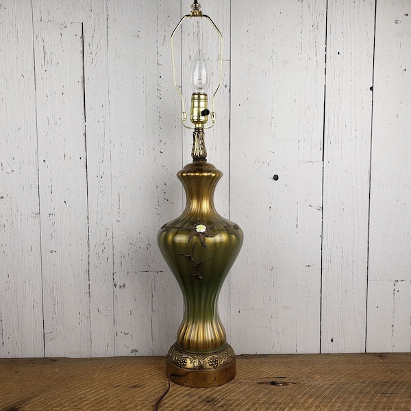 Vintage Carl Falkenstein Boudoir Lamp Green to Gold Glass Hollywood Regency Rococo Style Filigree Statement Retro Accent Light Mid Century
