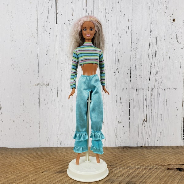 Vintage Waffled Hair Barbie Redressed Doll Wearing Retro Long Sleeve Crop Top & Pants Fashion Clothing Restyle Barbie Included OOAK Doll