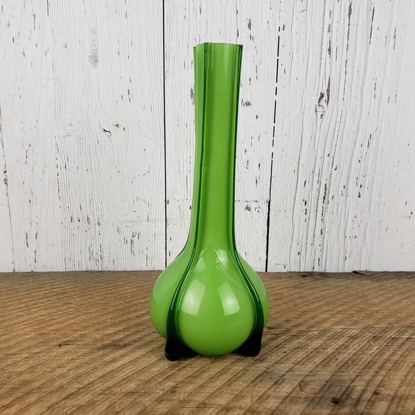 Vintage Green & White Hand Blown Glass Vase 8" Curved Swung Glass Art Murano Style Mid Century Modern Collectible Glassware Statement Decor