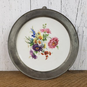 Vintage Floral Porcelain Decorative Plate w/ Metal Holder 9" Wild Flower Wildflower Collectible Wall Hanging Decor Painting Reproduction