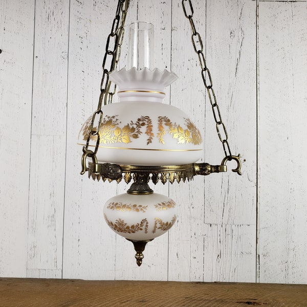 Vintage Hanging Hurricane Lamp Filigree Metal & Floral Glass Pendant Light Fixture Country Farmhouse Accent Lighting Tiffany Victorian Style