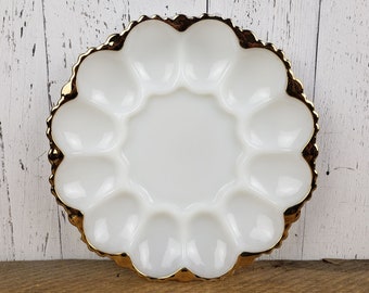 Vintage Deviled Eggs Plate 10" Fire King Boiled Egg Party Platter Milk Glass & Gold Retro Breakfast Table Decor Pot Luck Anchor Hocking