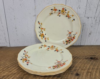 Vintage 1930s Set of 4 Alfred Meakin Luncheon Plates 9" Delicia Windmill Astoria Shape Bone China England Orange Floral Replacement Dish Set