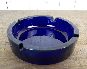Vintage Cobalt Blue Round Ashtray Royal Blue Thick Glass Cigarette Smoking Break Retro Barware Collectible Pop Art Nouveau Gift for Smoker