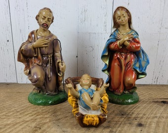 Vintage Large Nativity Set 3 Plastic Figurines 9.5" Virgin Mary Joseph Removable Jesus Figures Creche Scene Christian Catholic Christmas
