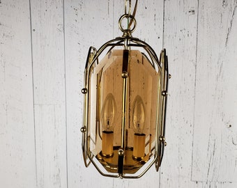 Vintage Brass Pendant Lantern Chandelier Light Fixture Smoked Glass Modern Mid Century Ceiling Lamp MCM Home Restoration Hollywood Regency