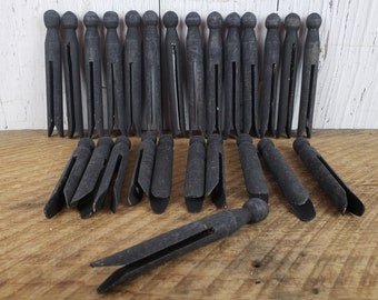 Vintage Set of 25 Clothespin 4" Long Black Wood Clothing Clothes Pins Wooden Craft Supply Farmhouse Chic Laundry Room Decor Primitive Rustic