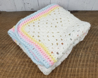 Vintage Pastel Rainbow Crochet Knit Throw 38" x 30" White Blue Pink & Yellow Afghan Blanket Small Nursery Baby Bedding Bed Bedroom Decor