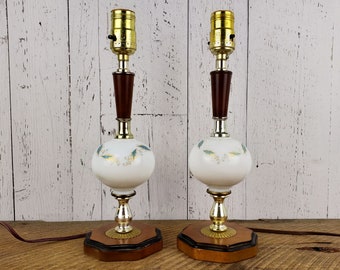 Vintage Set of 2 Mid Century Space Age Lamps 13" Wood Brass Glass Dainty Blue & Gold Leaf Pattern on Milkglass Bedside Table Light Pair