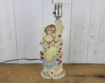 Vintage Victorian Lady Figure Parlor Lamp Painted Ceramic Reich Brothers LTD Table Accent Light Decor Country Chic Old Hollywood Regency