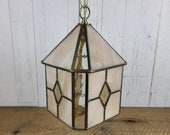Vintage Brass Slag Glass Pendant Lantern Chandelier Welded Light Fixture Hall Lighting Mid Century Modern MCM Ceiling Lamp Restoration