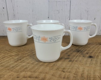 Vintage Set of 4 Corning Apricot Grove Coffee Cups 10 OZ Corelle Dinner Mugs Peach Flowers Gray Leaves Discontinued Pattern Replacements
