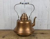 Vintage Large Copper Kettle 16 quot High Tea Pot Delft Blue Ceramic Handle Retro Teapot Modern Mid Century Eclectic Bohemian Boho Chic Decor