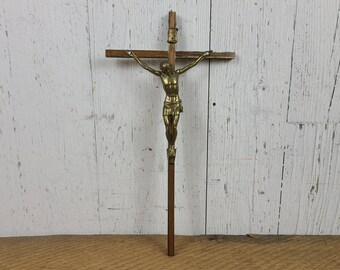 Vintage Brass & Wood Wall Crucifix Modern Mid Century Cross Long Suffering Jesus Christ Crucifixion Religious Prayer Shrine Catholic Gift