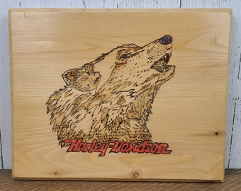 Vintage Harley-Davidson Wolf Pyrography Image Wood Burning Artwork Wooden Wall Hanging Plaque Original Art Motorcycle Bike Advertising