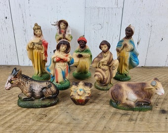 Vintage Nativity Set 9 Ceramic Figures Figurines Characters Baby Jesus Birth Creche Scene Religious Gift for Christian Catholic Christmas