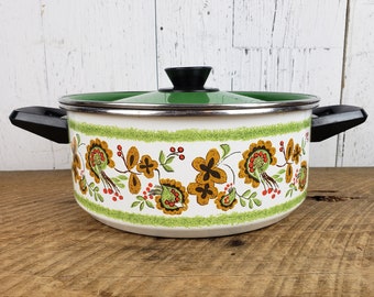 Vintage Green & Brown Paisley Enamel Cooking Pot w/ Lid Medium Stockpot Cookware Casserole Enamelware Pan Eclectic Chic Kitchen Ovenware