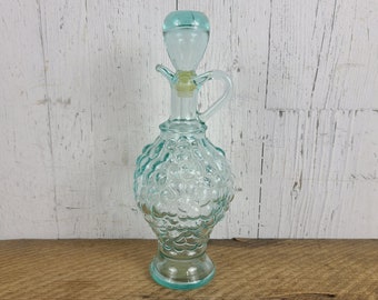 Vintage Aqua Glass Bottle w/ Lid & Pour Spout 16 Oz 500 ml Grapes Wine Decanter Turquoise Barware Cordial Brandy Liquor Oil Vinegar Storage