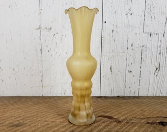 Vintage Light Yellow & White Hand Blown Glass Vase Curved Stretch Glass Art Artwork Mid Century Modern Collectible Glassware Statement Decor