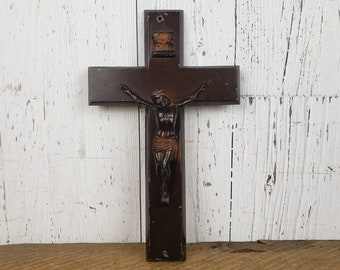 Vintage Wall Cross Brown Color Metal Crucifix 10" Jesus Crucifixion Long Suffering Christ Religious Mid Century Shrine Prayer Catholic Gift