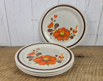 Vintage Set of 4 French Onion Soup Bowls w Lids Orange Flower Japan Stoneware Ovenproof Modern Mid Century Replacement Dish Boho Chic