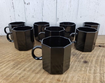 Vintage Set of 8 Arcoroc Octime Demitasse Cups Black France Glass Mugs Modernist Octagon Geometric Modern Dishes Octagonal French Glassware