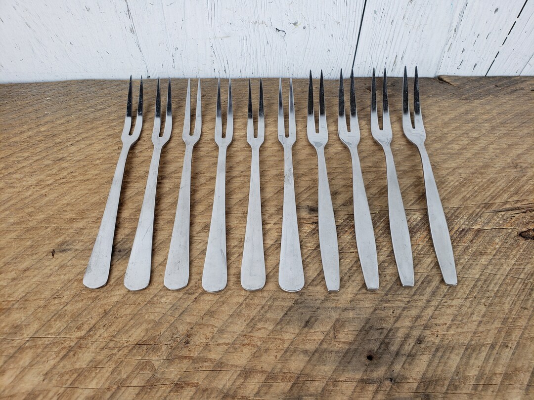 Vintage Set of 10 Hors D'oeuvres Forks 2 Tine Seafood Shrimp Cutlery