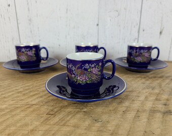 Vintage Set of 4 Hayashi Japan Teacup & Saucer Peacock Pattern on Cobalt Blue Gold Rim Japanese Green Tea Teacup Chinoiserie Tea Party Decor