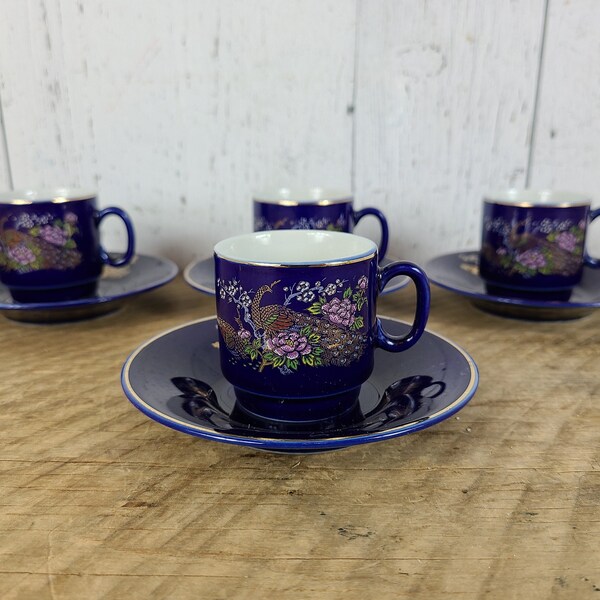 Vintage Set of 4 Hayashi Japan Teacup & Saucer Peacock Pattern on Cobalt Blue Gold Rim Japanese Green Tea Teacup Chinoiserie Tea Party Decor