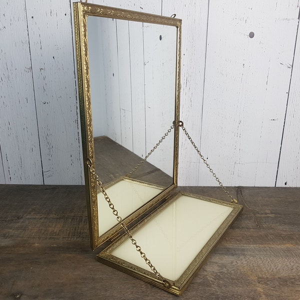 Vintage Intricate & Detailed Gold Filigree Framed Mirror with Shelf 15" x 12" Wall Hanging Gold Tone Metal Frame Old Hollywood Regency Decor