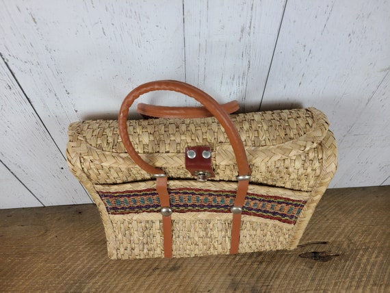 Vintage Weaved Wicker Purse Leather Handle Metal … - image 6