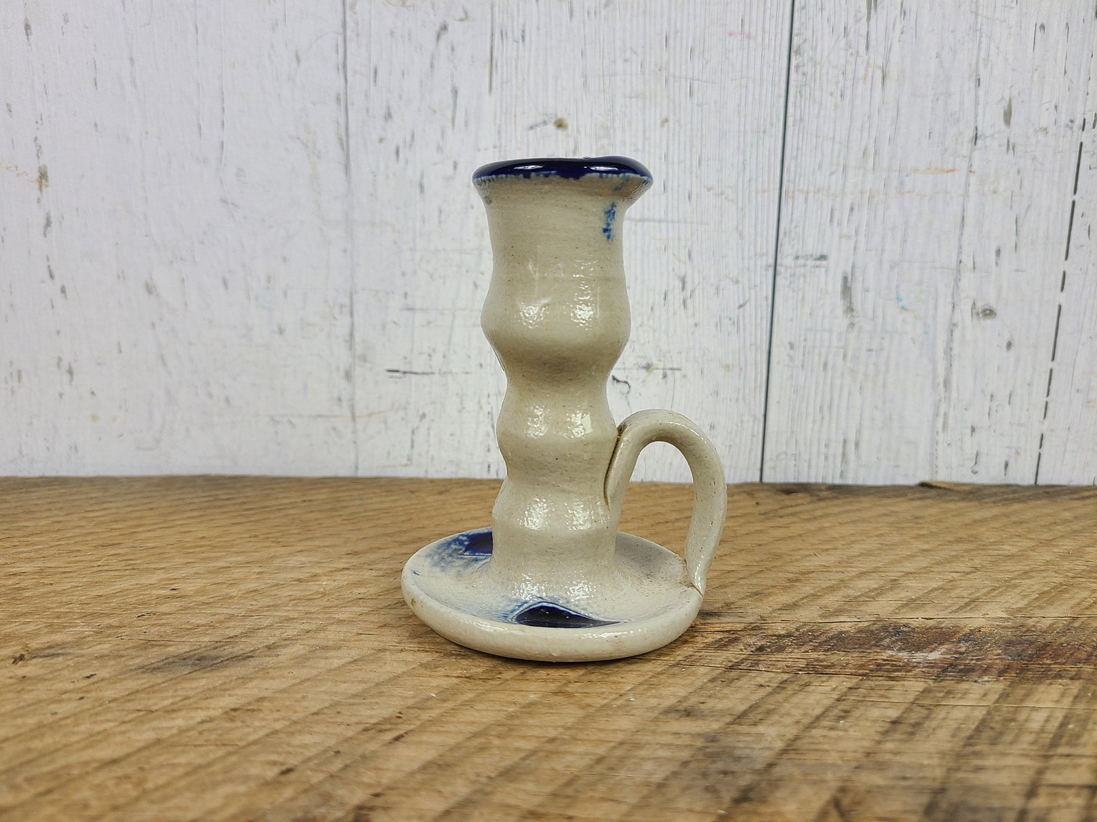 Vintage Ceramic Candle Holder W/ Handle Blue & Beige Glaze Etsy