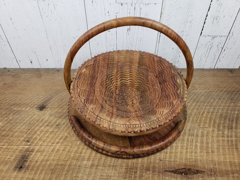 Vintage Large Bohemian Collapsible Bowl Intricate Hand Carved Details Boho Basket Wooden Fruit Snack Display Rustic Wood Trinket Holder