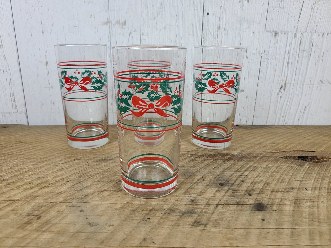 Vintage Set of 4 Christmas Drinking Glasses Holly & Bows Tumblers Glass