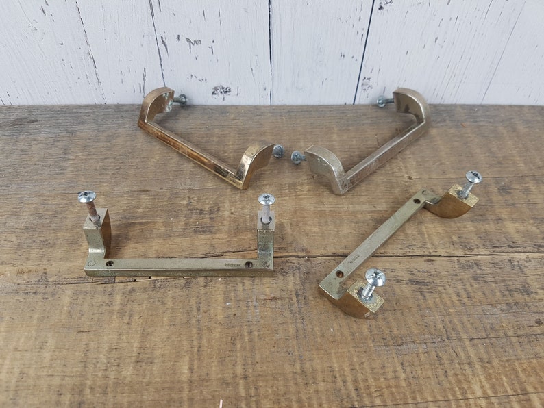 Vintage Set of 4 Brass Metal Handles Modern Mid Century Pulls Drawer Cabinet Hardware Replacement Part Furniture Repair MCM Dresser Remodel