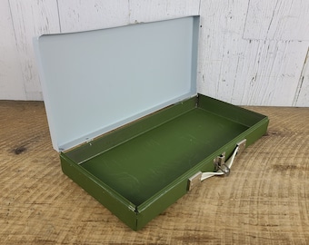 Vintage Glenwood USA Gray & Green Metal Briefcase File Carry Case Portable Storage Box w/ Handle School Document Hard Case Office Decor