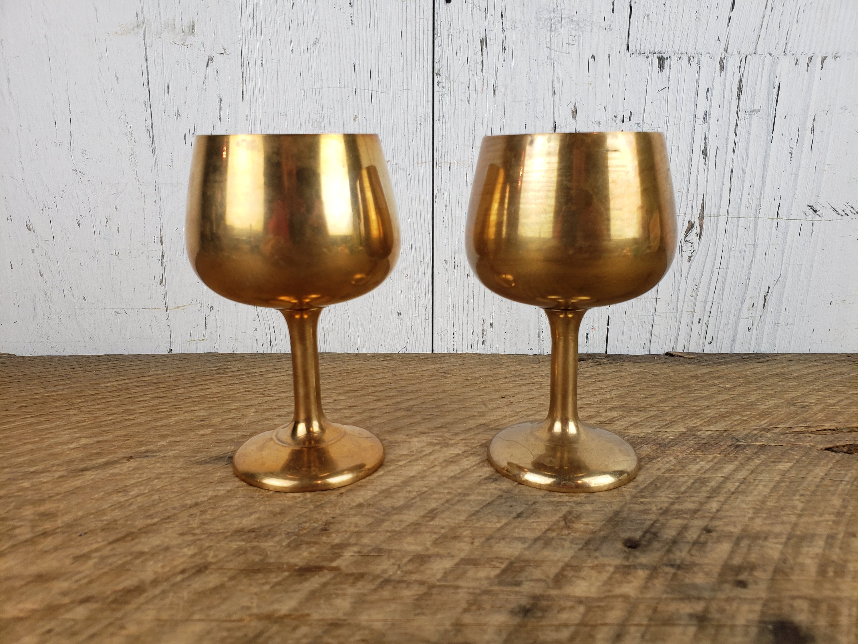 Vintage Set of 2 Brass Goblets Wine Cups Modern Mid Century Metal Glasses  Stemware Hollywood Regency Barware Decor Dinner Party Thailand
