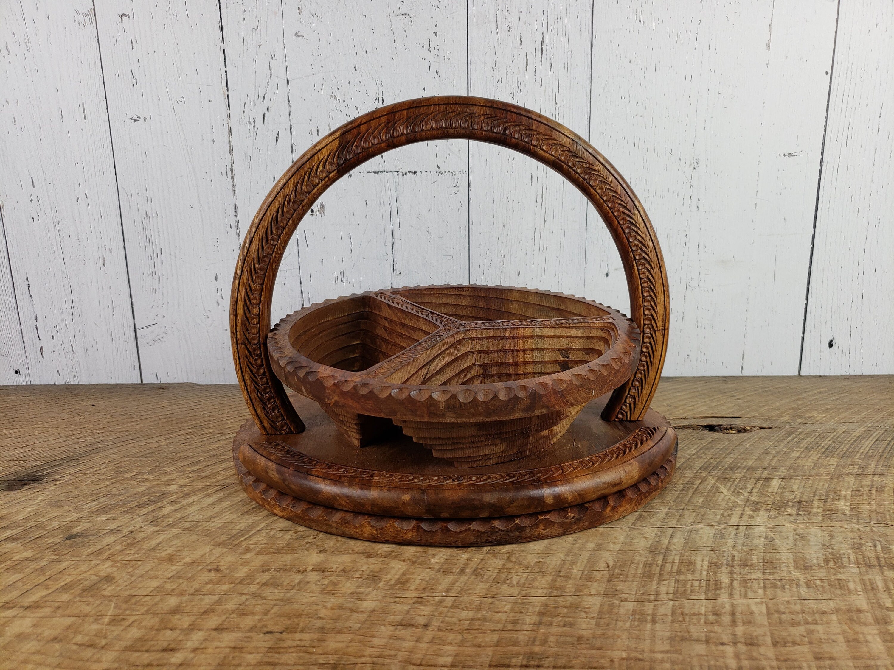 Vintage Large Bohemian Collapsible Bowl Intricate Hand Carved Details Boho Basket Wooden Fruit Snack Display Rustic Wood Trinket Holder